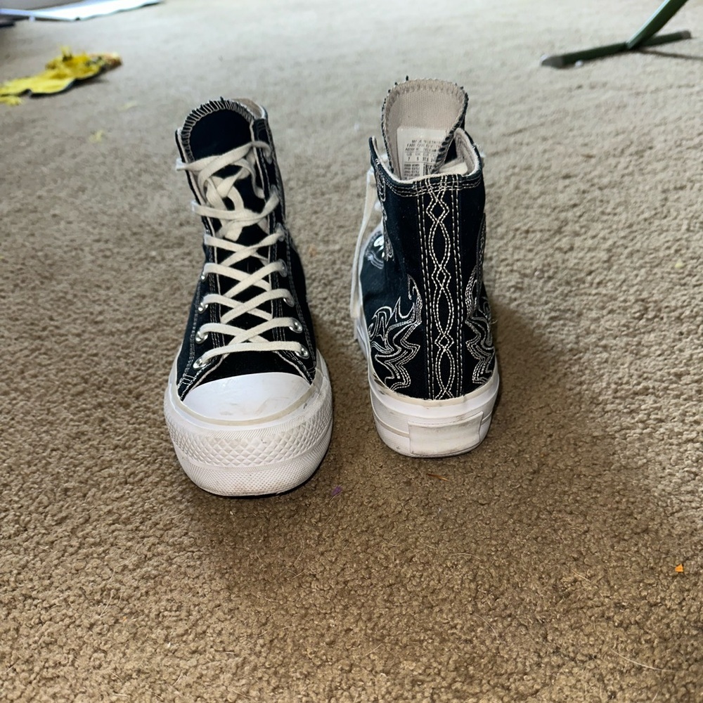 Converse Black and White Embroidered Platform High Tops - Picture 2 of 2